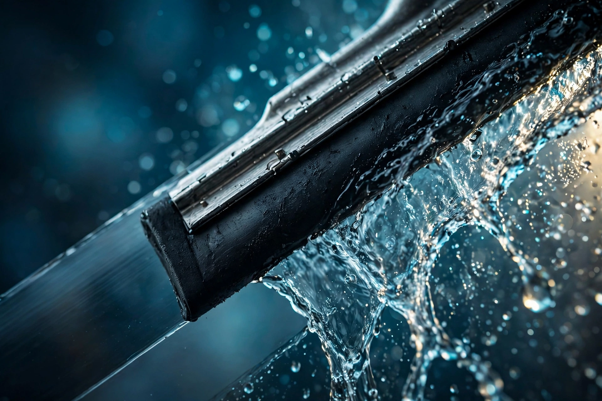 A squeegee blade mid-pass across a glass pane, water sheeting off the glass