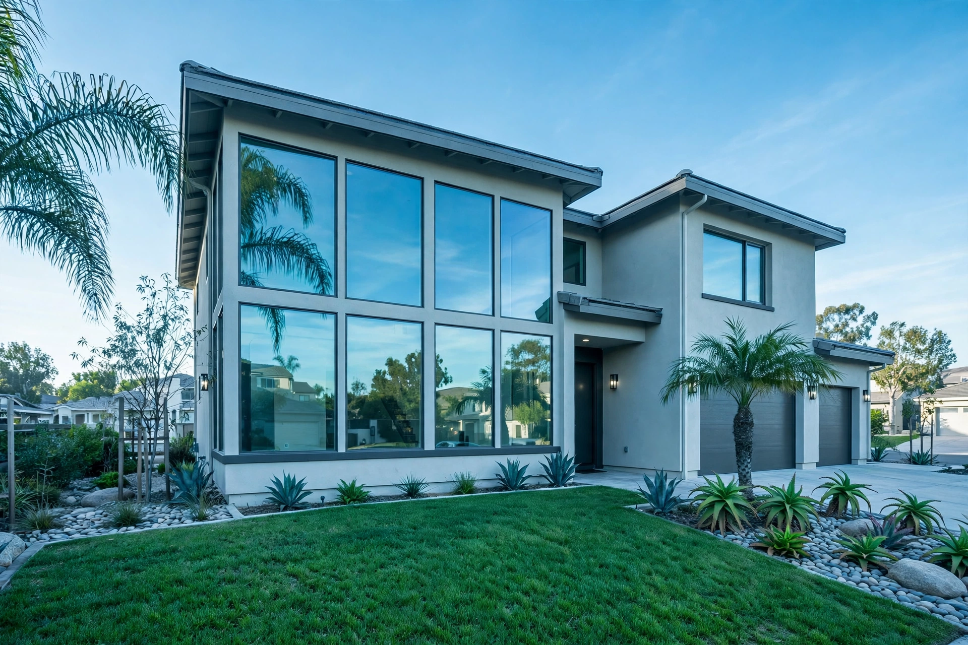 A Fountain Valley home with gleaming windows in the morning light