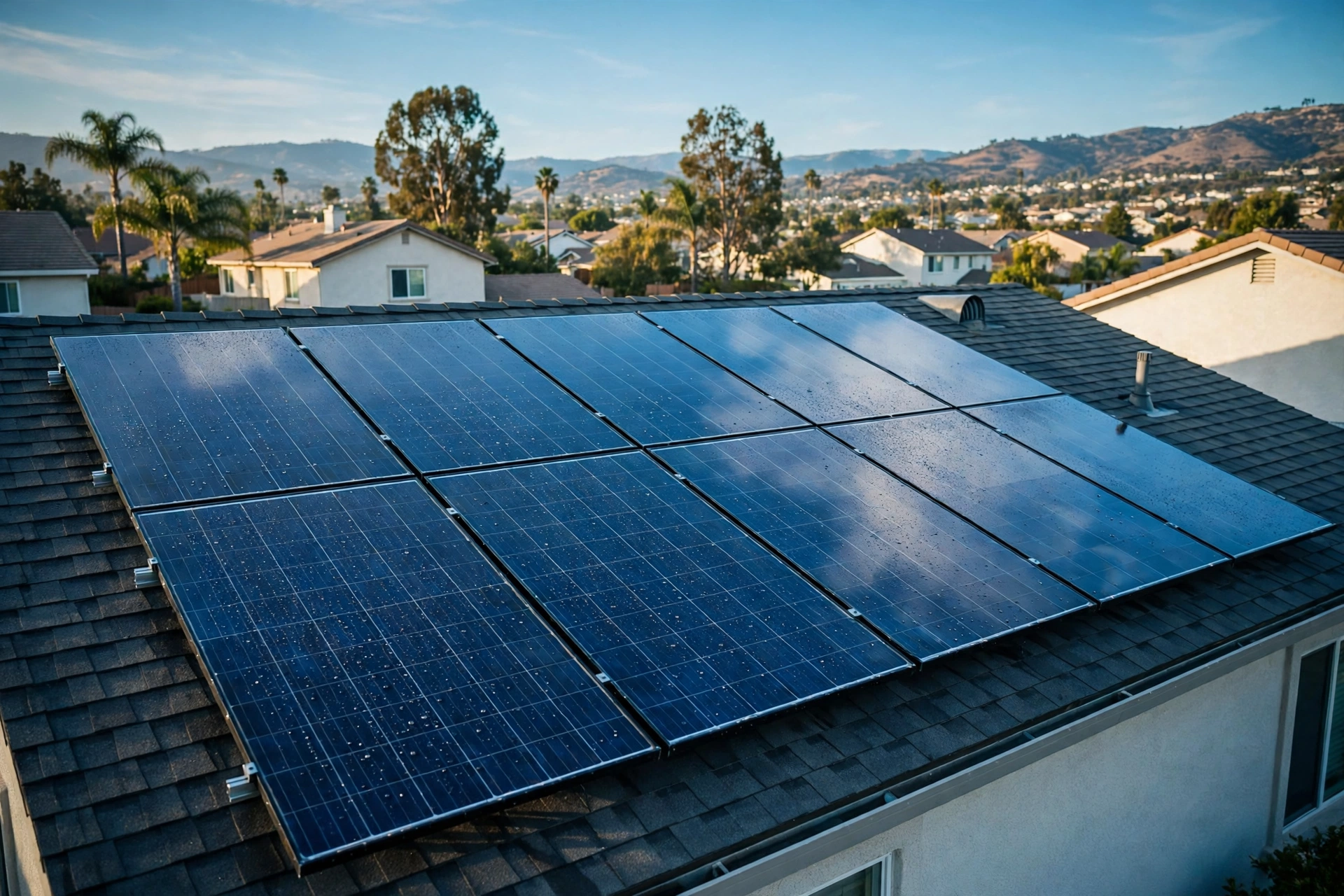 Clean solar panels gleaming on a rooftop