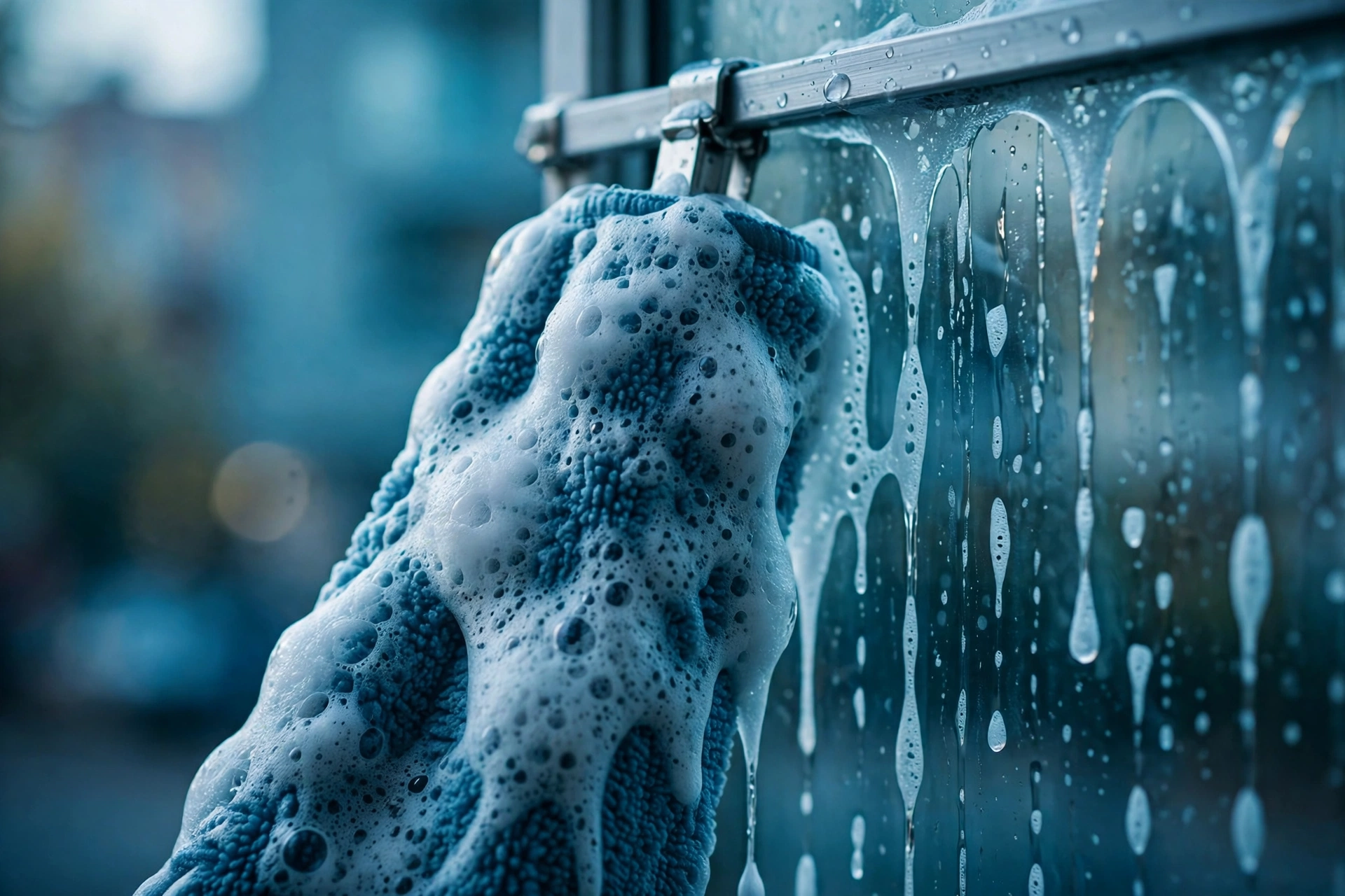 A window washer with soap suds pressed against a glass pane